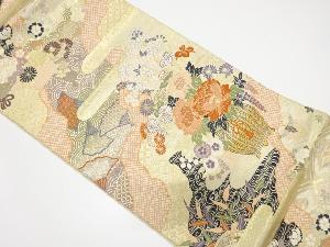 本金　雲取りに花瓶・扇模様織り出し袋帯